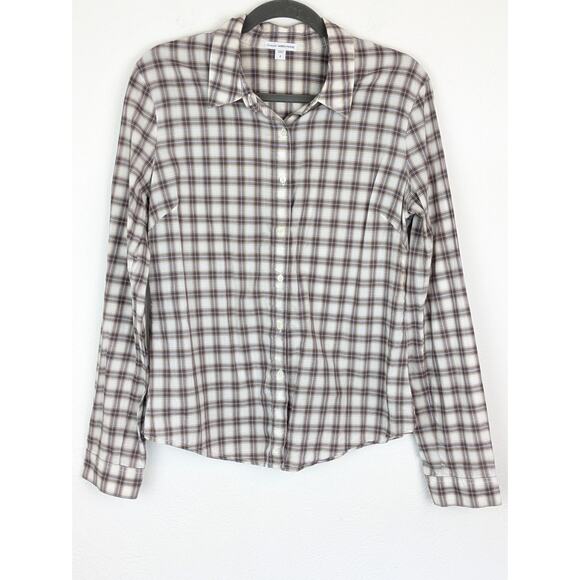 James Perse Top Plaid Western Classic Neutral Spring Fall Tan Cream Size XL - Picture 1 of 12